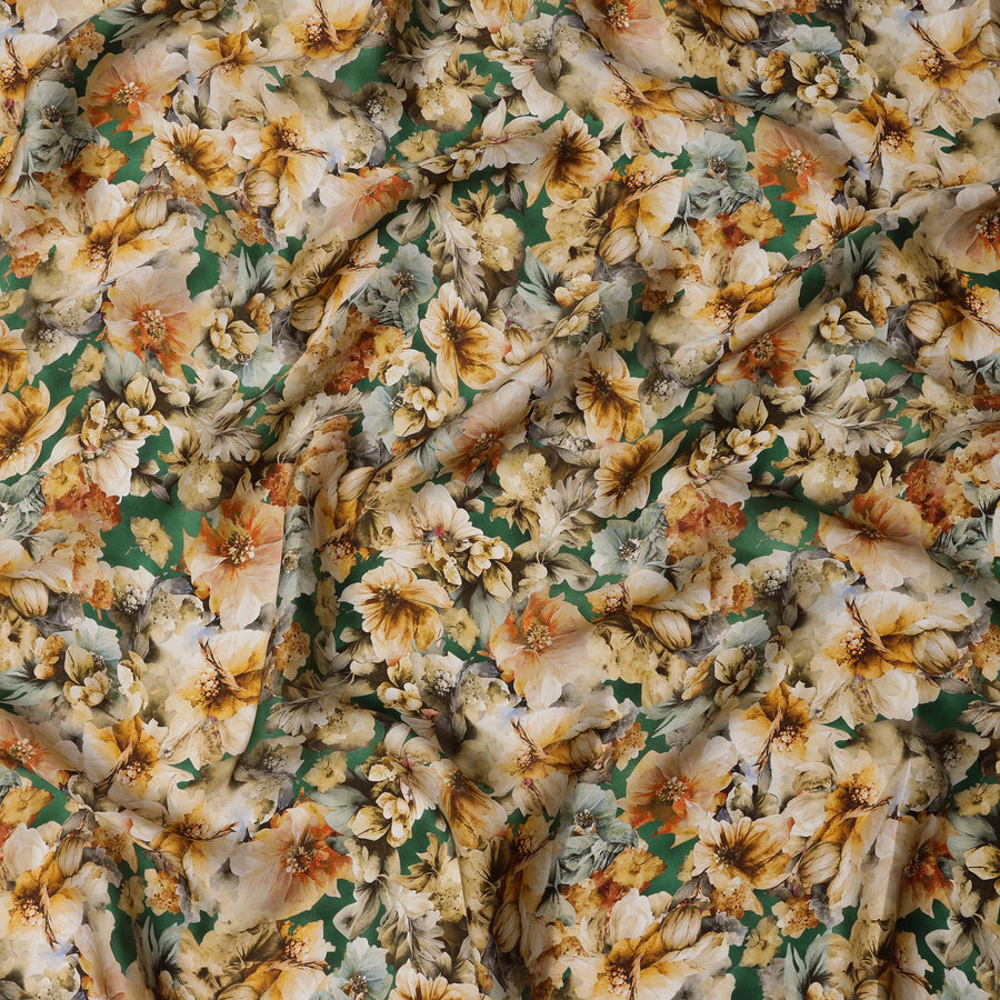 Green Yellow Vintage Floral Printed Synthetic Modal Satin Fabric, 110 Cms Width, Made in India-D23128