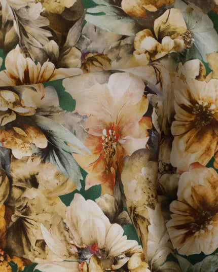 Green Yellow Vintage Floral Printed Synthetic Modal Satin Fabric, 110 Cms Width, Made in India-D23128