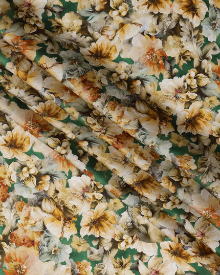 Green Yellow Vintage Floral Printed Synthetic Modal Satin Fabric, 110 Cms Width, Made in India-D23128