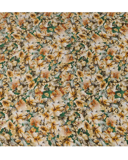 Green Yellow Vintage Floral Printed Synthetic Modal Satin Fabric, 110 Cms Width, Made in India-D23128