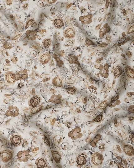 Ivory Beige Rose Vintage Floral Printed Synthetic Modal Satin Fabric, 110 Cms Width, Made in India-D23129
