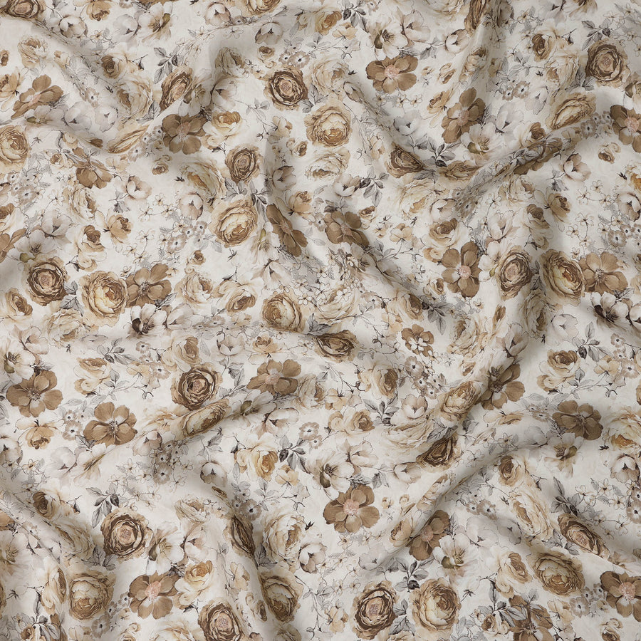 Ivory Beige Rose Vintage Floral Printed Synthetic Modal Satin Fabric, 110 Cms Width, Made in India-D23129