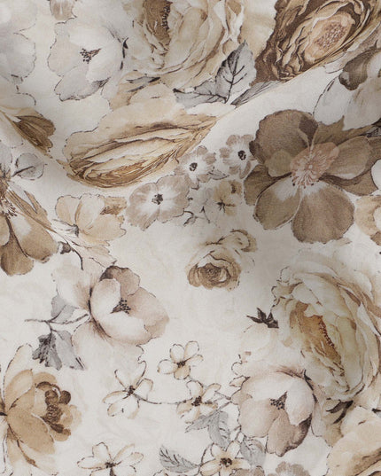 Ivory Beige Rose Vintage Floral Printed Synthetic Modal Satin Fabric, 110 Cms Width, Made in India-D23129
