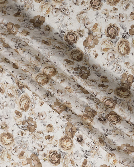 Ivory Beige Rose Vintage Floral Printed Synthetic Modal Satin Fabric, 110 Cms Width, Made in India-D23129
