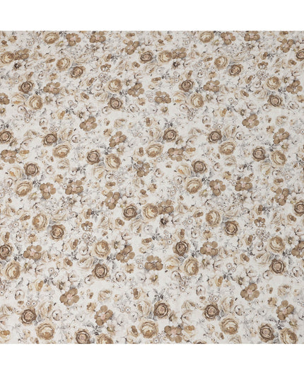 Ivory Beige Rose Vintage Floral Printed Synthetic Modal Satin Fabric, 110 Cms Width, Made in India-D23129