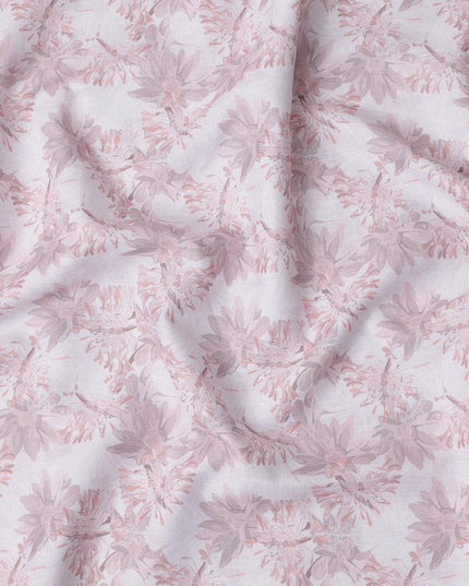 قماش كتان مخلوط بطبعة زهور وردية ناعمة، تصميم نباتي رقيق، عرض 140 سم، صنع في الهند - D23219
