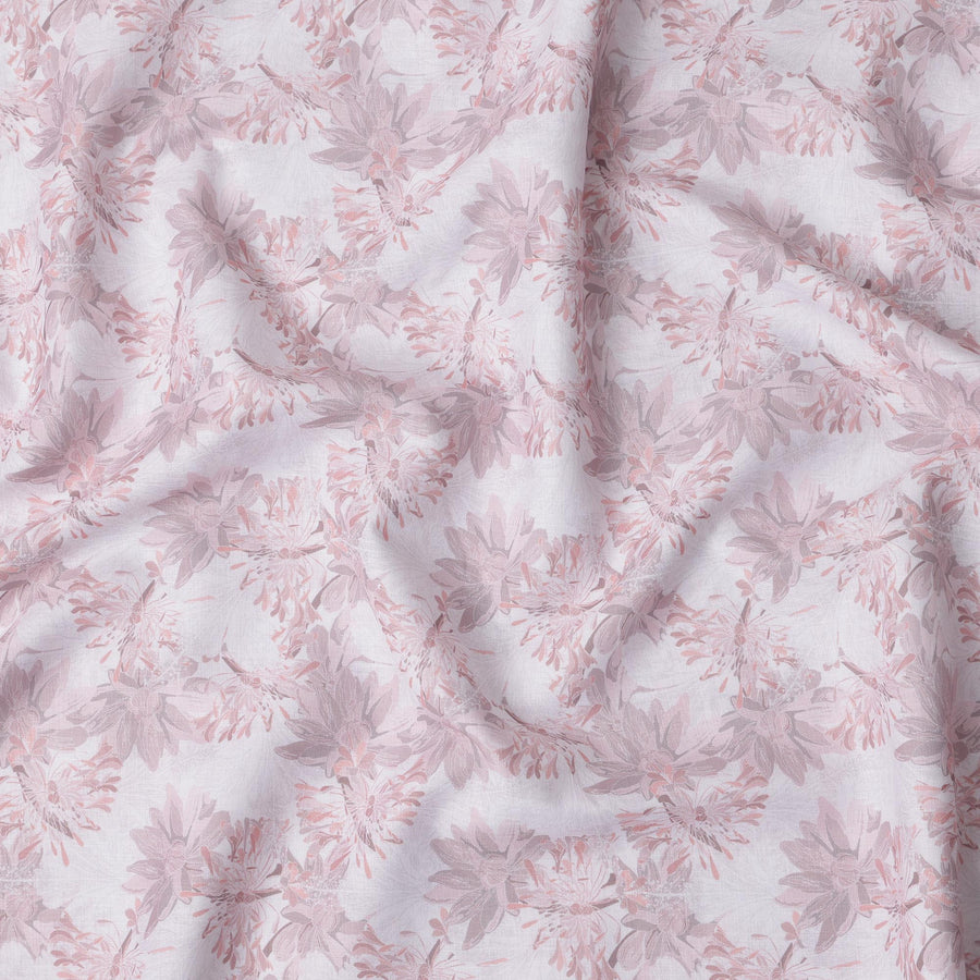 قماش كتان مخلوط بطبعة زهور وردية ناعمة، تصميم نباتي رقيق، عرض 140 سم، صنع في الهند - D23219