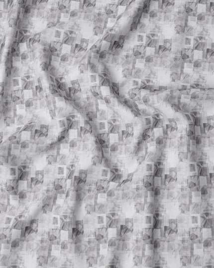 Monochrome Geometric Print Blended Linen Fabric, Abstract Cube and Line Design, 140 Cms Width, Made in India-D23221