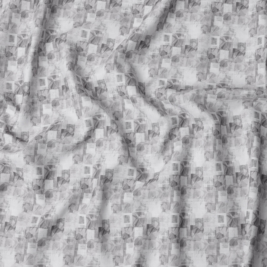 Monochrome Geometric Print Blended Linen Fabric, Abstract Cube and Line Design, 140 Cms Width, Made in India-D23221
