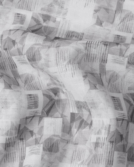 Monochrome Geometric Print Blended Linen Fabric, Abstract Cube and Line Design, 140 Cms Width, Made in India-D23221