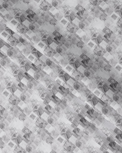 Monochrome Geometric Print Blended Linen Fabric, Abstract Cube and Line Design, 140 Cms Width, Made in India-D23221