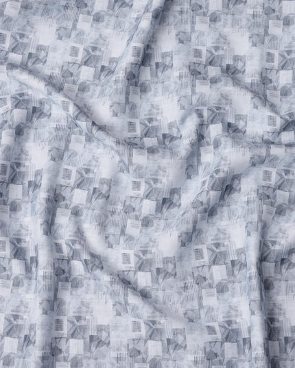 قماش كتان مخلوط بطبعة هندسية باللون الأزرق الجليدي، تصميم خطوط وأشكال تجريدية، عرض 140 سم، صنع في الهند - D23222