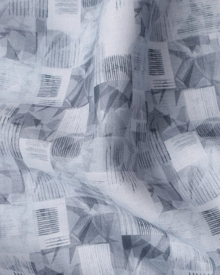 قماش كتان مخلوط بطبعة هندسية باللون الأزرق الجليدي، تصميم خطوط وأشكال تجريدية، عرض 140 سم، صنع في الهند - D23222