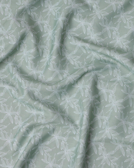 Mint Green Leaf Print Blended Linen Fabric, Subtle White Botanical Outline Design, 140 Cms Width, Made in India-D23224