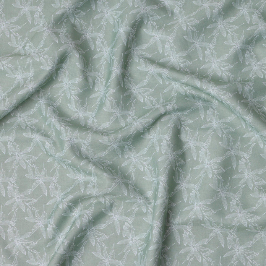 Mint Green Leaf Print Blended Linen Fabric, Subtle White Botanical Outline Design, 140 Cms Width, Made in India-D23224
