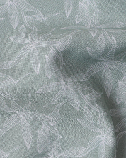 Mint Green Leaf Print Blended Linen Fabric, Subtle White Botanical Outline Design, 140 Cms Width, Made in India-D23224