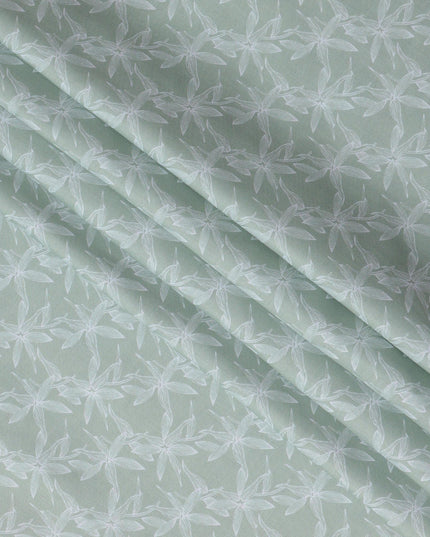 Mint Green Leaf Print Blended Linen Fabric, Subtle White Botanical Outline Design, 140 Cms Width, Made in India-D23224