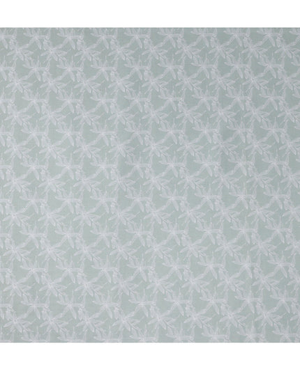 Mint Green Leaf Print Blended Linen Fabric, Subtle White Botanical Outline Design, 140 Cms Width, Made in India-D23224