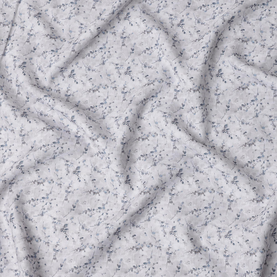 Off White Vine Print Blended Linen Fabric, Subtle Blue Botanical Sprig Design, 140 Cms Width, Made in India-D23225