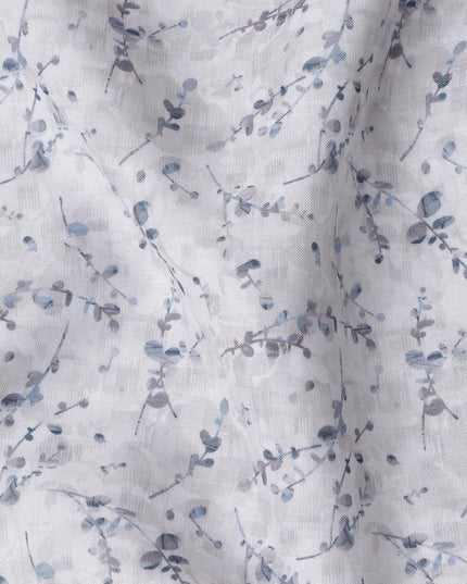 Off White Vine Print Blended Linen Fabric, Subtle Blue Botanical Sprig Design, 140 Cms Width, Made in India-D23225