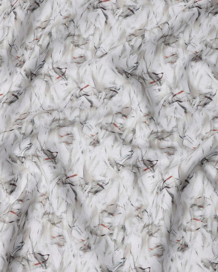 Ivory Abstract Brushstroke Print Blended Linen Fabric, Soft Painterly Design with Subtle Grey and Red Accents, 140 Cms Width, Made in India-D23227