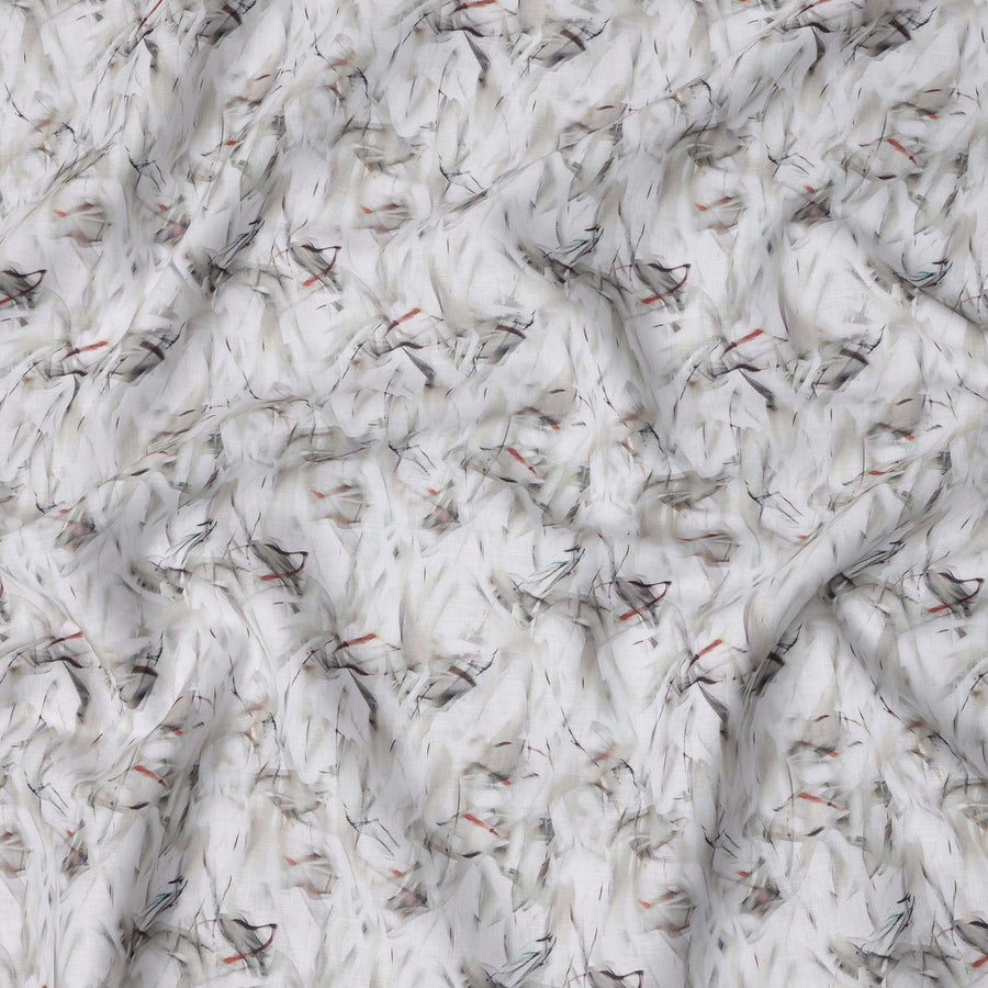 Ivory Abstract Brushstroke Print Blended Linen Fabric, Soft Painterly Design with Subtle Grey and Red Accents, 140 Cms Width, Made in India-D23227