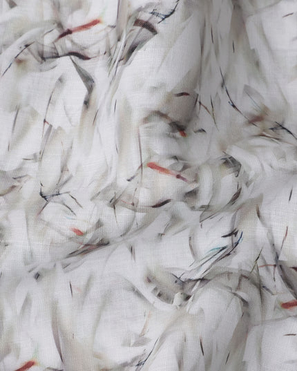 Ivory Abstract Brushstroke Print Blended Linen Fabric, Soft Painterly Design with Subtle Grey and Red Accents, 140 Cms Width, Made in India-D23227