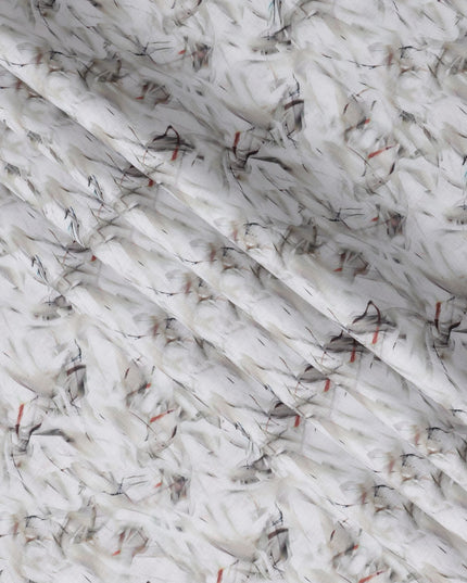 Ivory Abstract Brushstroke Print Blended Linen Fabric, Soft Painterly Design with Subtle Grey and Red Accents, 140 Cms Width, Made in India-D23227