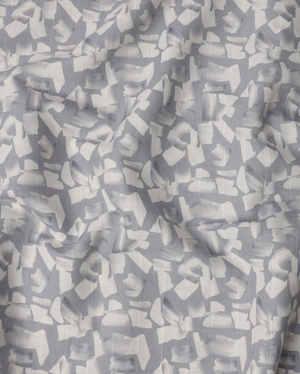 Slate Grey Abstract Brush Print Blended Linen Fabric, Expressive Painterly Motif in White, 140 Cms Width, Made in India-D23229