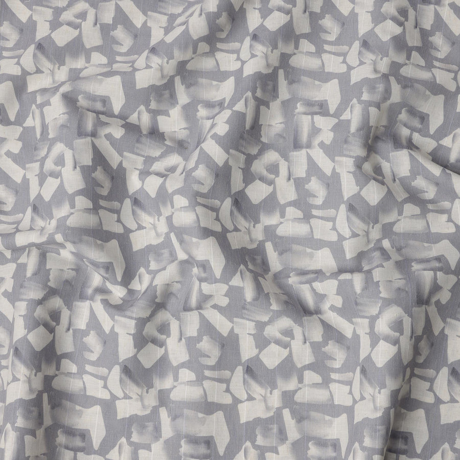 Slate Grey Abstract Brush Print Blended Linen Fabric, Expressive Painterly Motif in White, 140 Cms Width, Made in India-D23229