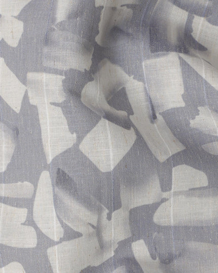 Slate Grey Abstract Brush Print Blended Linen Fabric, Expressive Painterly Motif in White, 140 Cms Width, Made in India-D23229