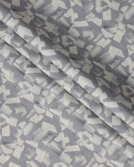 Slate Grey Abstract Brush Print Blended Linen Fabric, Expressive Painterly Motif in White, 140 Cms Width, Made in India-D23229