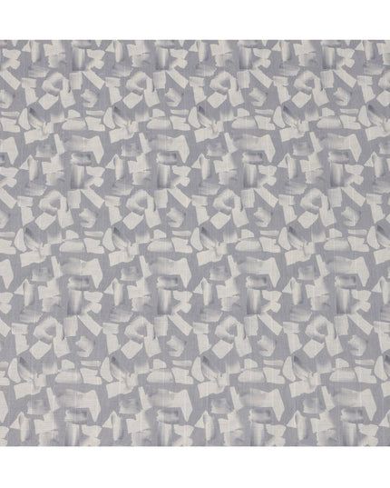 Slate Grey Abstract Brush Print Blended Linen Fabric, Expressive Painterly Motif in White, 140 Cms Width, Made in India-D23229