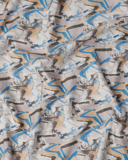 Multicolor Tribal Art Print Blended Linen Fabric, Ethnic Brushstroke Design in Beige, Blue & Black, 140 Cms Width, Made in India-D23230