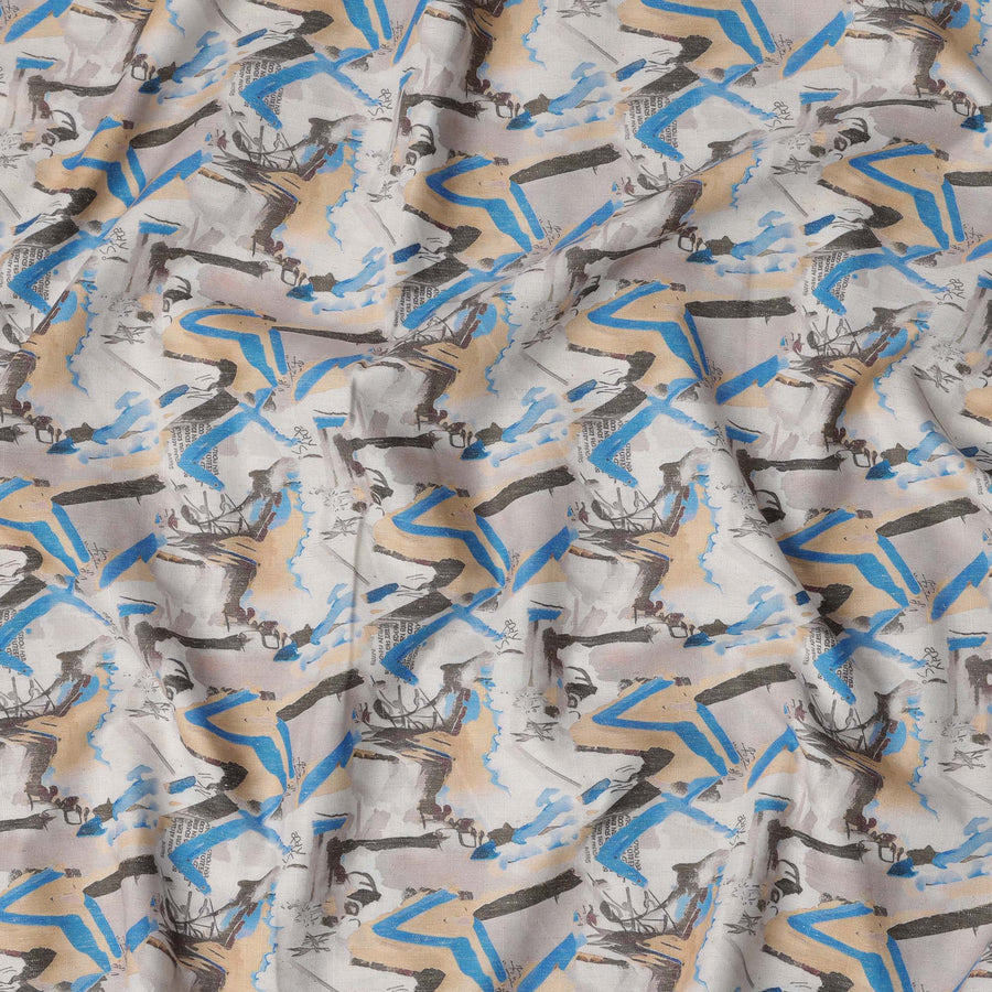 Multicolor Tribal Art Print Blended Linen Fabric, Ethnic Brushstroke Design in Beige, Blue & Black, 140 Cms Width, Made in India-D23230