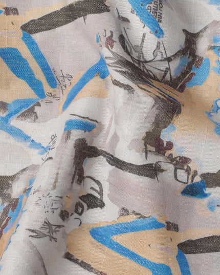 Multicolor Tribal Art Print Blended Linen Fabric, Ethnic Brushstroke Design in Beige, Blue & Black, 140 Cms Width, Made in India-D23230