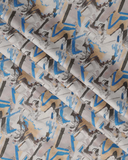 Multicolor Tribal Art Print Blended Linen Fabric, Ethnic Brushstroke Design in Beige, Blue & Black, 140 Cms Width, Made in India-D23230