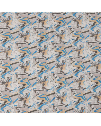 Multicolor Tribal Art Print Blended Linen Fabric, Ethnic Brushstroke Design in Beige, Blue & Black, 140 Cms Width, Made in India-D23230