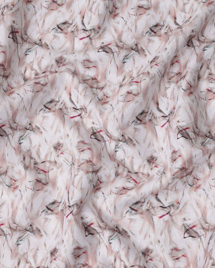 Blush Pink Abstract Feather Print Blended Linen Fabric, Soft Brushstroke Design in Black and Rose Accents, 140 Cms Width, Made in India-D23231