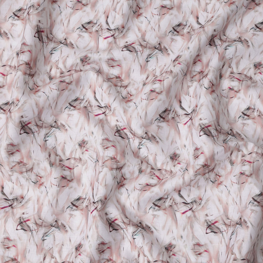 Blush Pink Abstract Feather Print Blended Linen Fabric, Soft Brushstroke Design in Black and Rose Accents, 140 Cms Width, Made in India-D23231