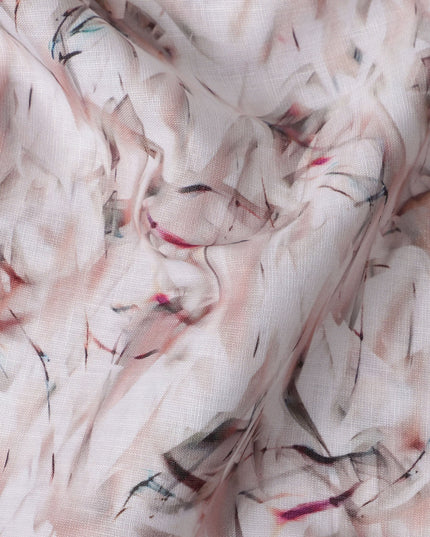Blush Pink Abstract Feather Print Blended Linen Fabric, Soft Brushstroke Design in Black and Rose Accents, 140 Cms Width, Made in India-D23231