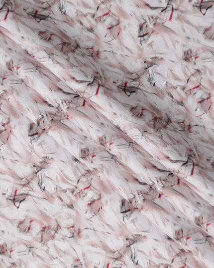 Blush Pink Abstract Feather Print Blended Linen Fabric, Soft Brushstroke Design in Black and Rose Accents, 140 Cms Width, Made in India-D23231