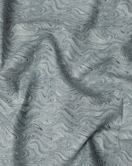 Slate Green Marble Swirl Print Blended Linen Fabric, Fluid Textured Design with Grey and Black Waves, 140 Cms Width, Made in India-D23232