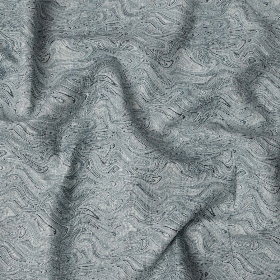 Slate Green Marble Swirl Print Blended Linen Fabric, Fluid Textured Design with Grey and Black Waves, 140 Cms Width, Made in India-D23232