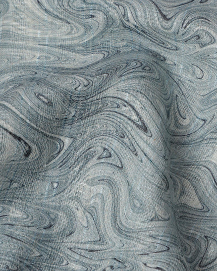 Slate Green Marble Swirl Print Blended Linen Fabric, Fluid Textured Design with Grey and Black Waves, 140 Cms Width, Made in India-D23232