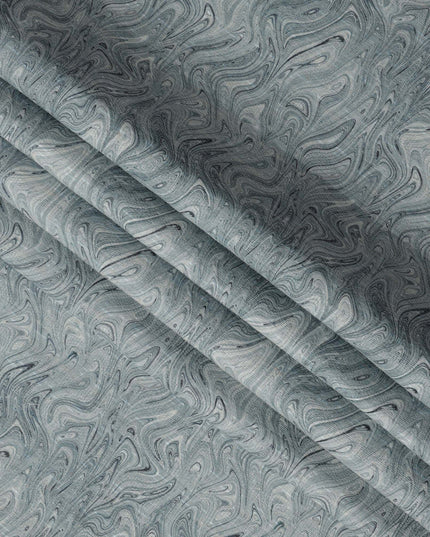 Slate Green Marble Swirl Print Blended Linen Fabric, Fluid Textured Design with Grey and Black Waves, 140 Cms Width, Made in India-D23232
