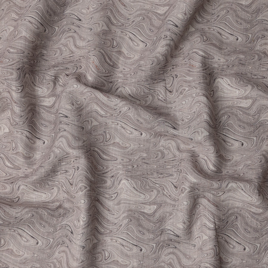Taupe Marble Swirl Print Blended Linen Fabric, Organic Fluid Pattern with Grey and Black Veining, 140 Cms Width, Made in India-D23233