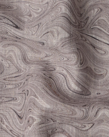 Taupe Marble Swirl Print Blended Linen Fabric, Organic Fluid Pattern with Grey and Black Veining, 140 Cms Width, Made in India-D23233