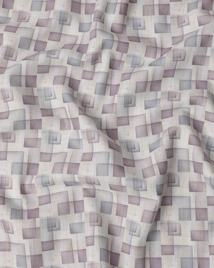Ivory Multitone Checkered Print Blended Linen Fabric, Overlapping Geometric Box Design in Mauve and Grey, 140 Cms Width, Made in India-D23234