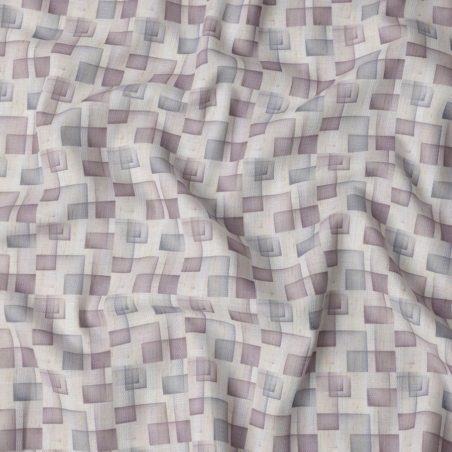 Ivory Multitone Checkered Print Blended Linen Fabric, Overlapping Geometric Box Design in Mauve and Grey, 140 Cms Width, Made in India-D23234